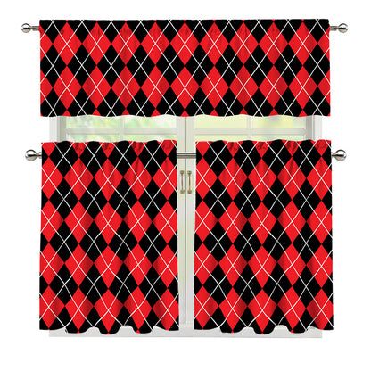 Black And Red Argyle Pattern Print 3 Piece Kitchen Curtains