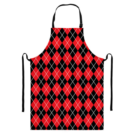 Black And Red Argyle Pattern Print Bib Apron With Pocket