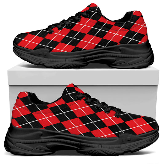 Black And Red Argyle Pattern Print Black Chunky Shoes
