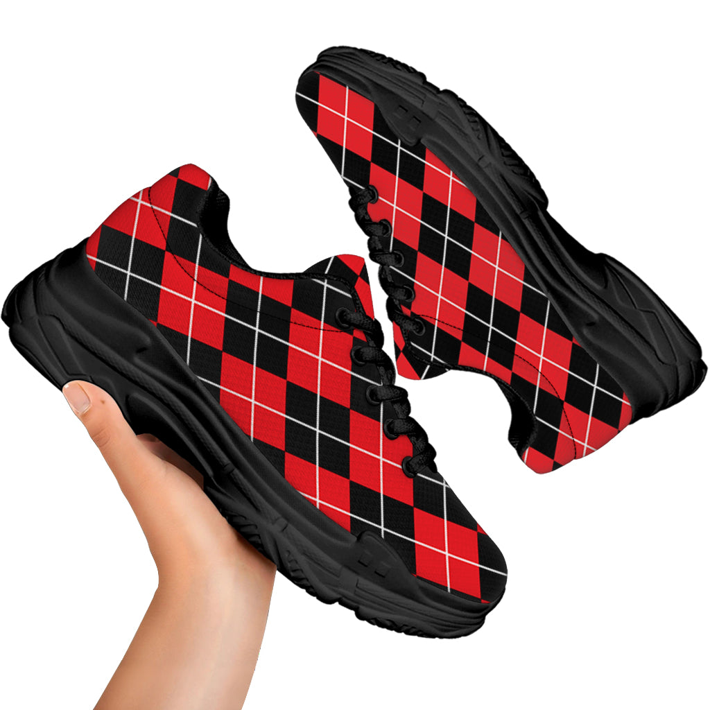 Black And Red Argyle Pattern Print Black Chunky Shoes