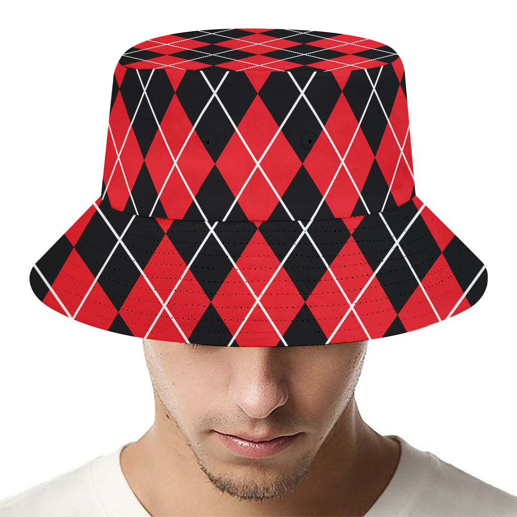 Black And Red Argyle Pattern Print Bucket Hat