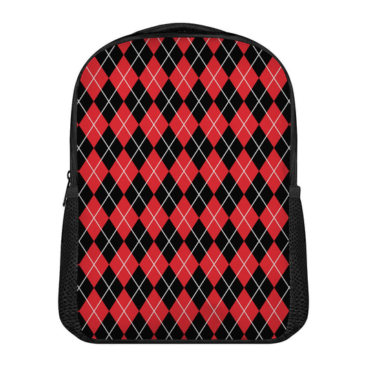 Black And Red Argyle Pattern Print Casual Backpack