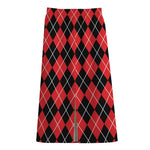 Black And Red Argyle Pattern Print Cotton Front Slit Maxi Skirt