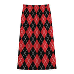 Black And Red Argyle Pattern Print Cotton Front Slit Maxi Skirt