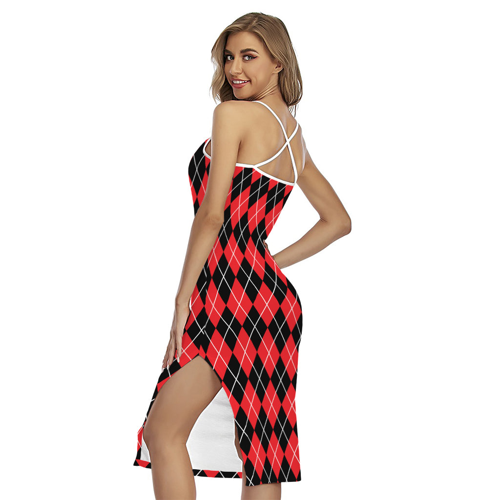 Black And Red Argyle Pattern Print Cross Back Cami Dress