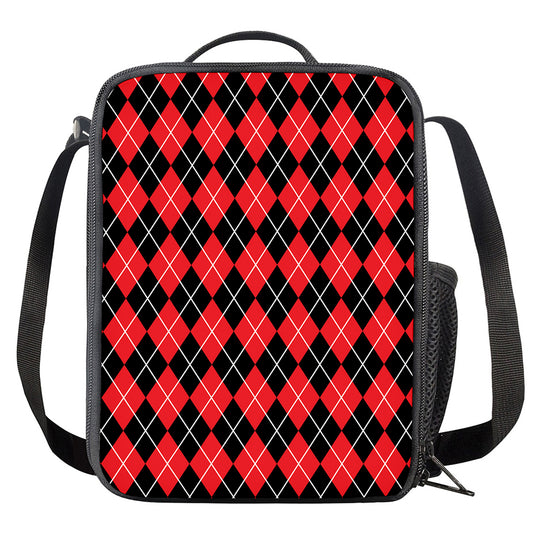 Black And Red Argyle Pattern Print Crossbody Lunch Bag
