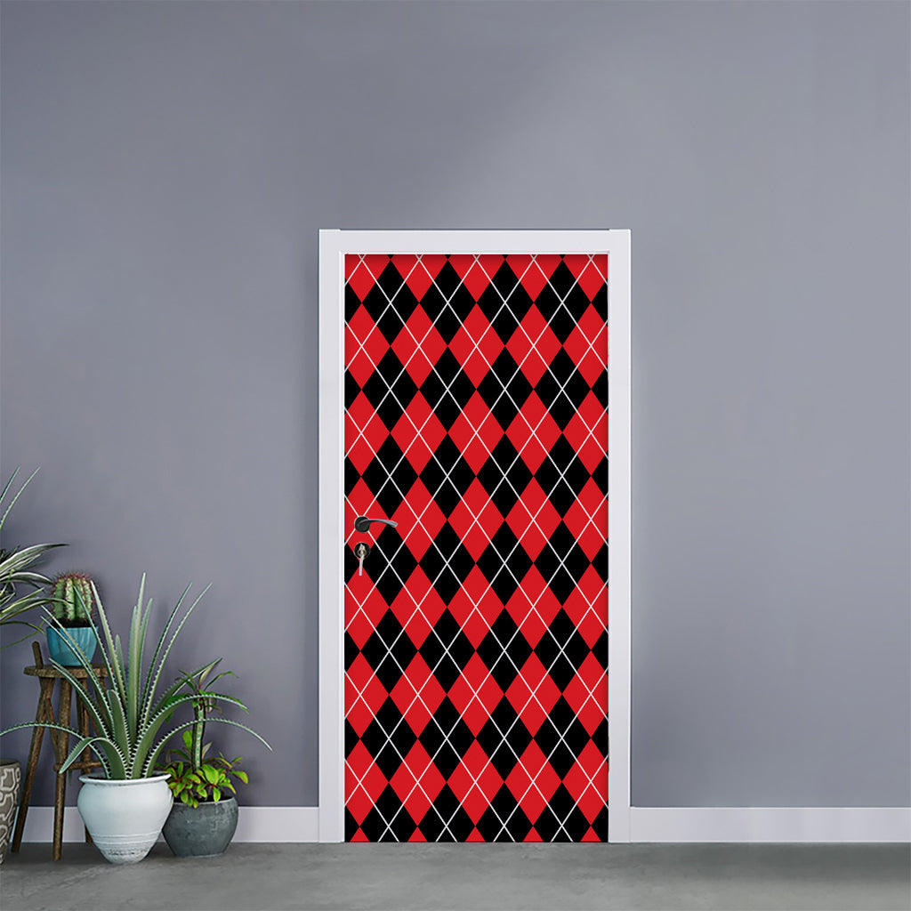 Black And Red Argyle Pattern Print Door Sticker