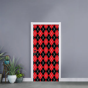 Black And Red Argyle Pattern Print Door Sticker