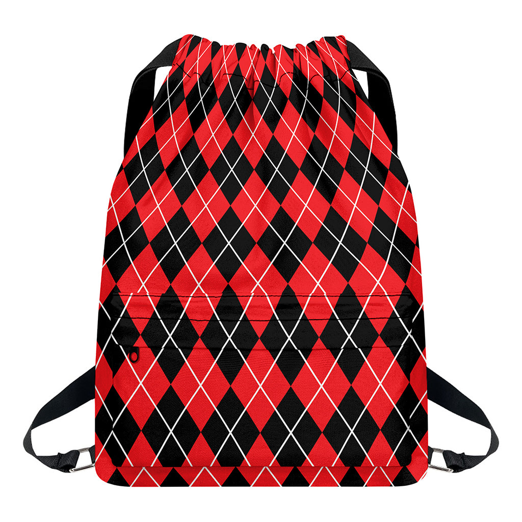 Black And Red Argyle Pattern Print Drawstring Backpack