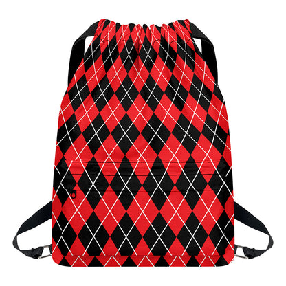 Black And Red Argyle Pattern Print Drawstring Backpack
