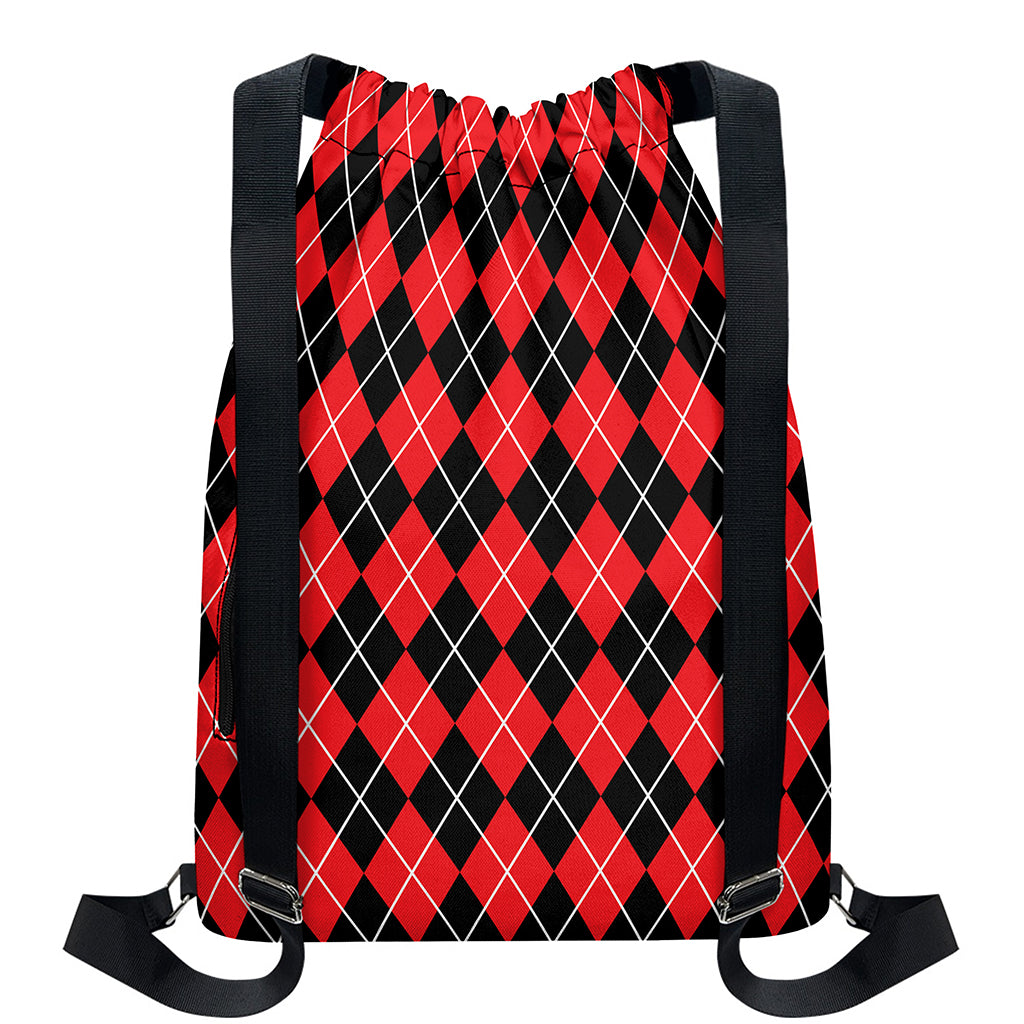 Black And Red Argyle Pattern Print Drawstring Backpack