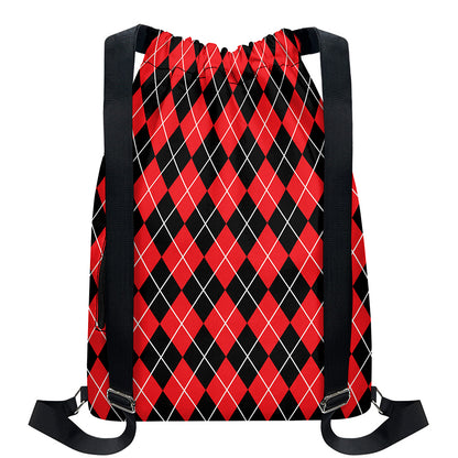 Black And Red Argyle Pattern Print Drawstring Backpack