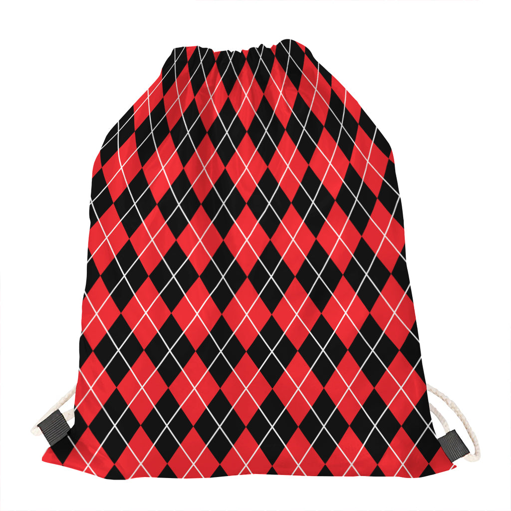 Black And Red Argyle Pattern Print Drawstring Bag