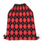 Black And Red Argyle Pattern Print Drawstring Bag
