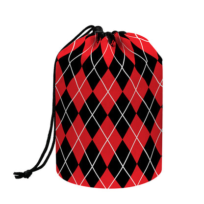 Black And Red Argyle Pattern Print Drawstring Makeup Bag