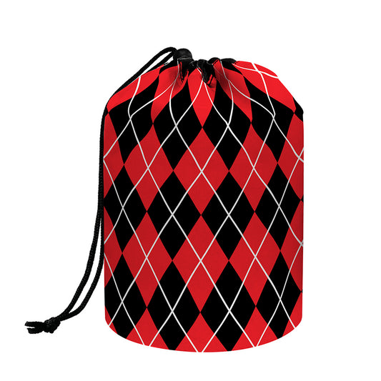 Black And Red Argyle Pattern Print Drawstring Makeup Bag