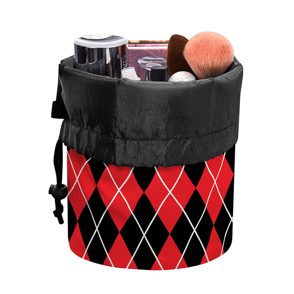 Black And Red Argyle Pattern Print Drawstring Makeup Bag