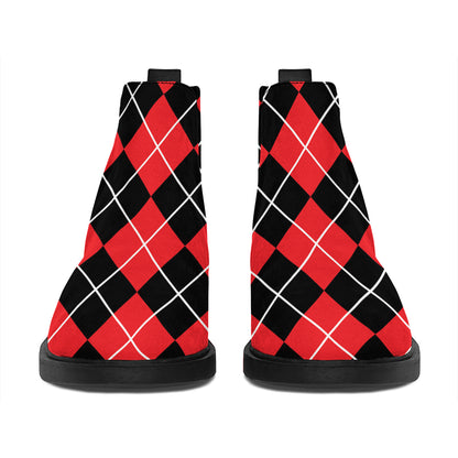 Black And Red Argyle Pattern Print Flat Ankle Boots