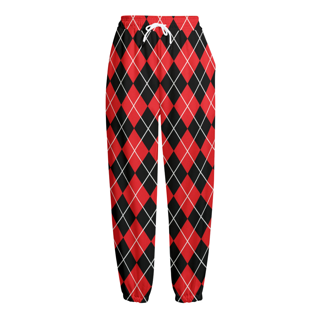 Black And Red Argyle Pattern Print Fleece Lined Knit Pants