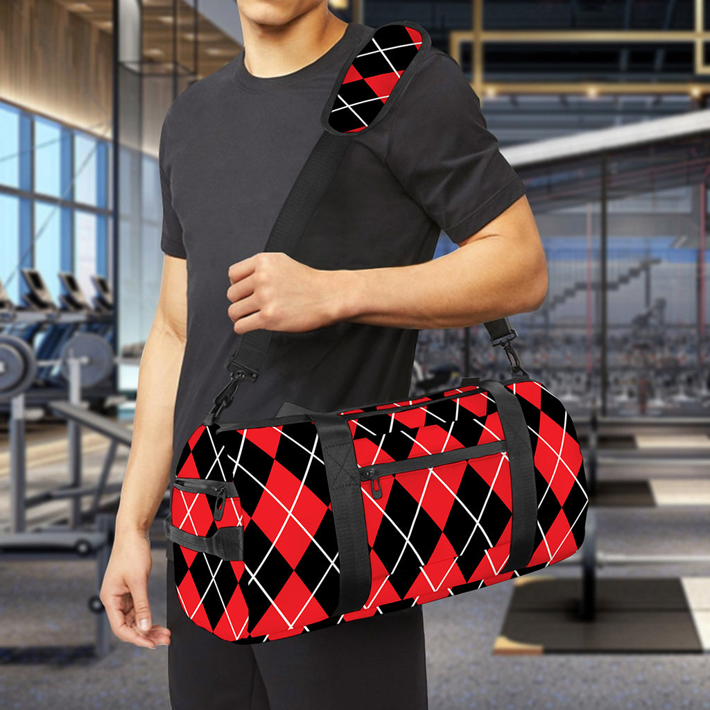 Black And Red Argyle Pattern Print Gym Bag