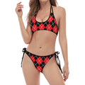 Black And Red Argyle Pattern Print Halter Scoop Tie Side Bikini