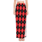 Black And Red Argyle Pattern Print High Slit Maxi Skirt
