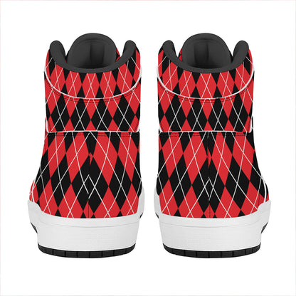 Black And Red Argyle Pattern Print High Top Leather Sneakers