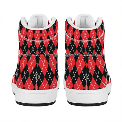 Black And Red Argyle Pattern Print High Top Leather Sneakers