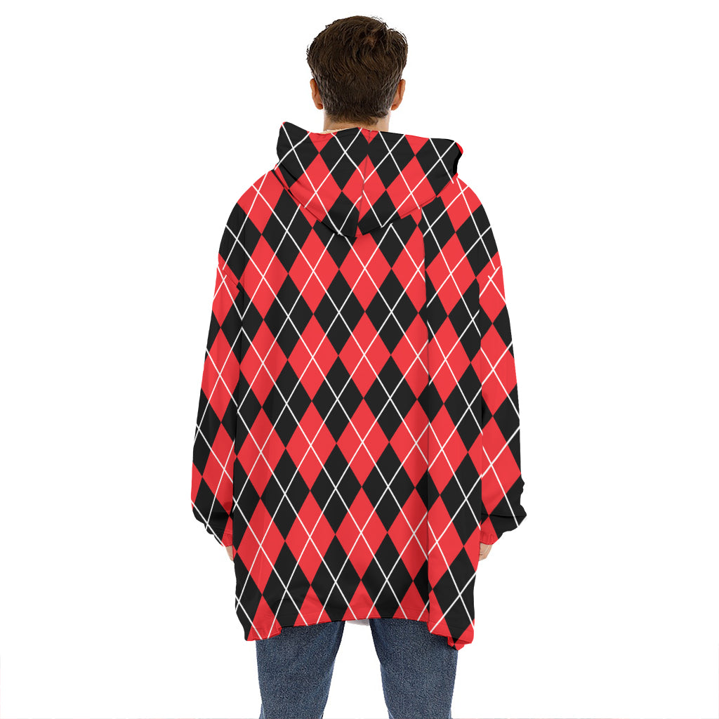 Black And Red Argyle Pattern Print Hoodie Blanket