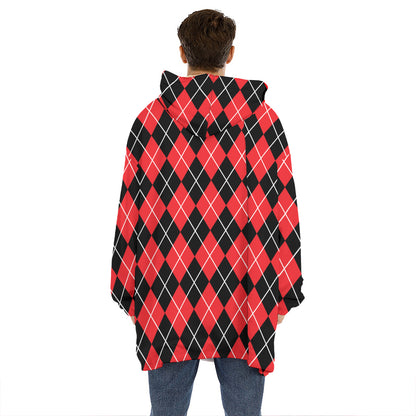 Black And Red Argyle Pattern Print Hoodie Blanket