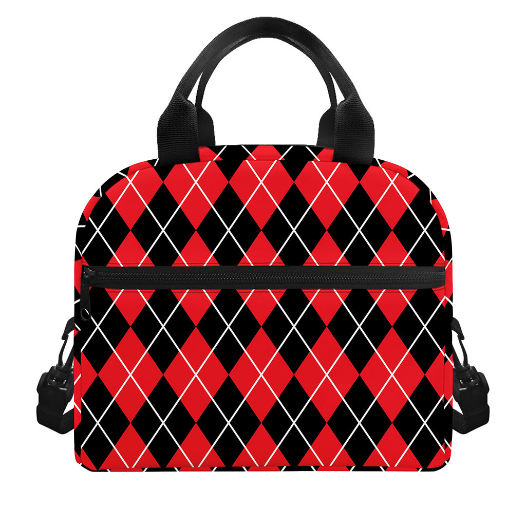 Black And Red Argyle Pattern Print Insulated Lunch Bag
