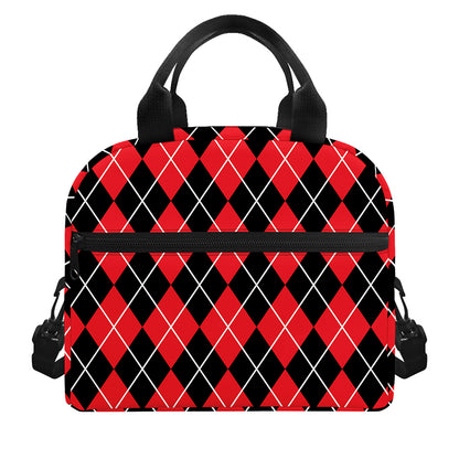Black And Red Argyle Pattern Print Insulated Lunch Bag