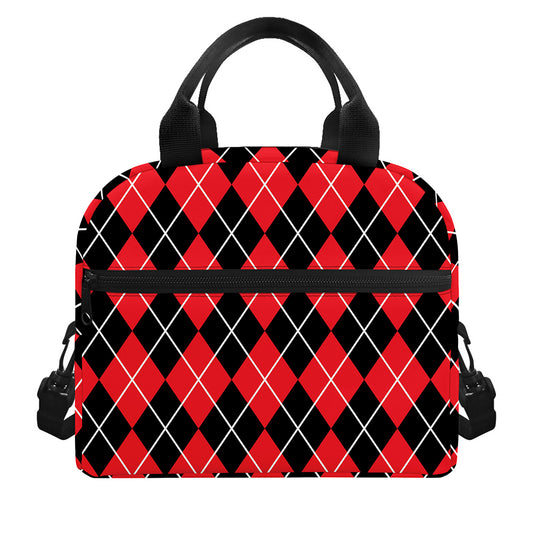 Black And Red Argyle Pattern Print Insulated Lunch Bag