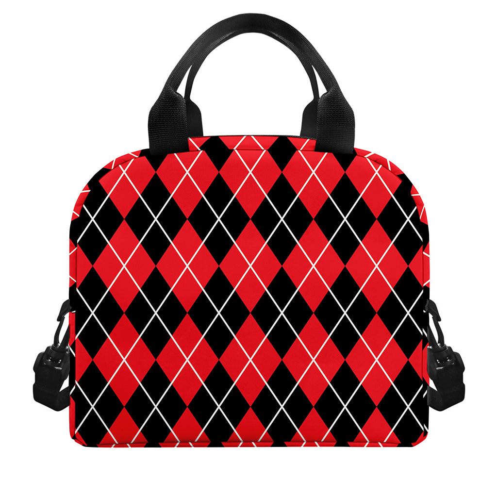 Black And Red Argyle Pattern Print Insulated Lunch Bag