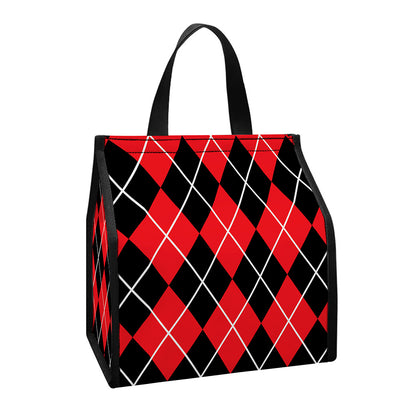 Black And Red Argyle Pattern Print Insulated Lunch Tote
