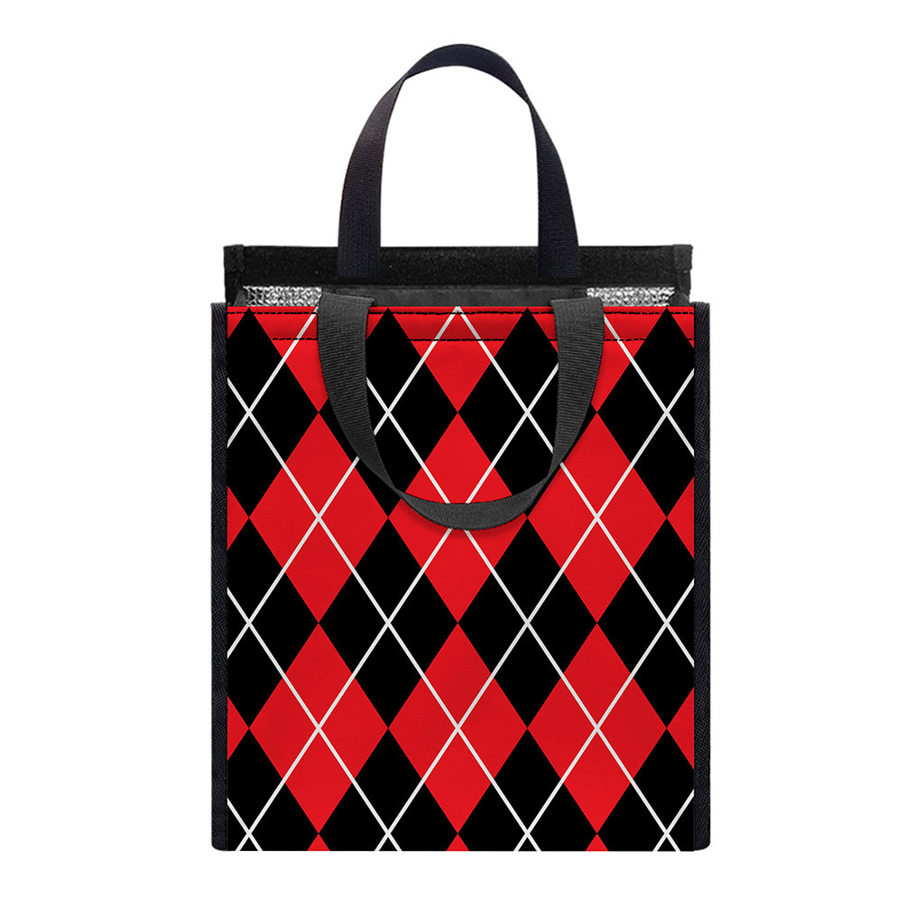 Black And Red Argyle Pattern Print Insulated Lunch Tote