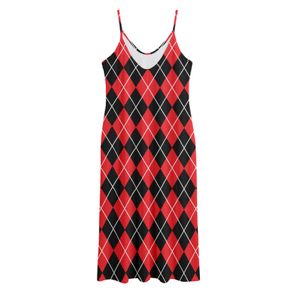 Black And Red Argyle Pattern Print Jersey Midi Cami Dress