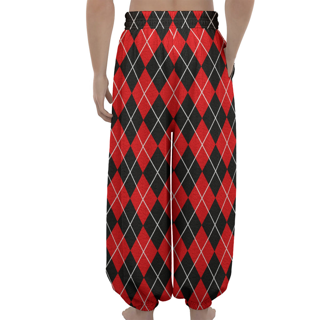 Black And Red Argyle Pattern Print Lantern Pants