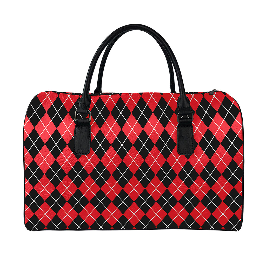 Black And Red Argyle Pattern Print Leather Duffle Bag