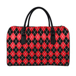 Black And Red Argyle Pattern Print Leather Duffle Bag