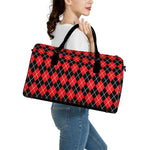Black And Red Argyle Pattern Print Leather Duffle Bag