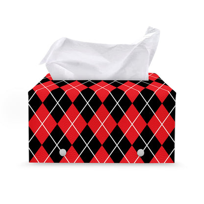 Black And Red Argyle Pattern Print Leather Tissue Box Cover