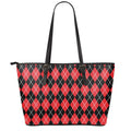 Black And Red Argyle Pattern Print Leather Tote Bag With Zipper