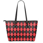 Black And Red Argyle Pattern Print Leather Tote Bag