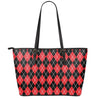 Black And Red Argyle Pattern Print Leather Tote Bag