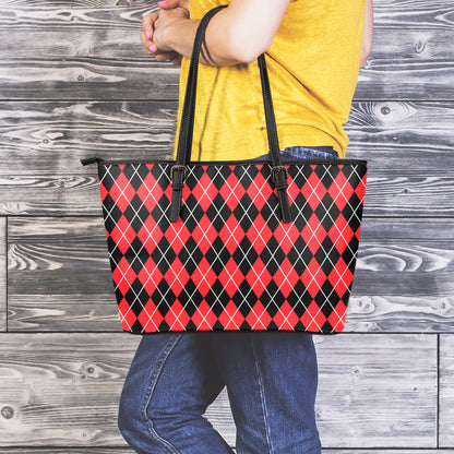 Black And Red Argyle Pattern Print Leather Tote Bag