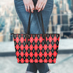 Black And Red Argyle Pattern Print Leather Tote Bag