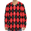 Black And Red Argyle Pattern Print Long Sleeve Baseball Jersey