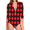 Black And Red Argyle Pattern Print Long Sleeve Swimsuit