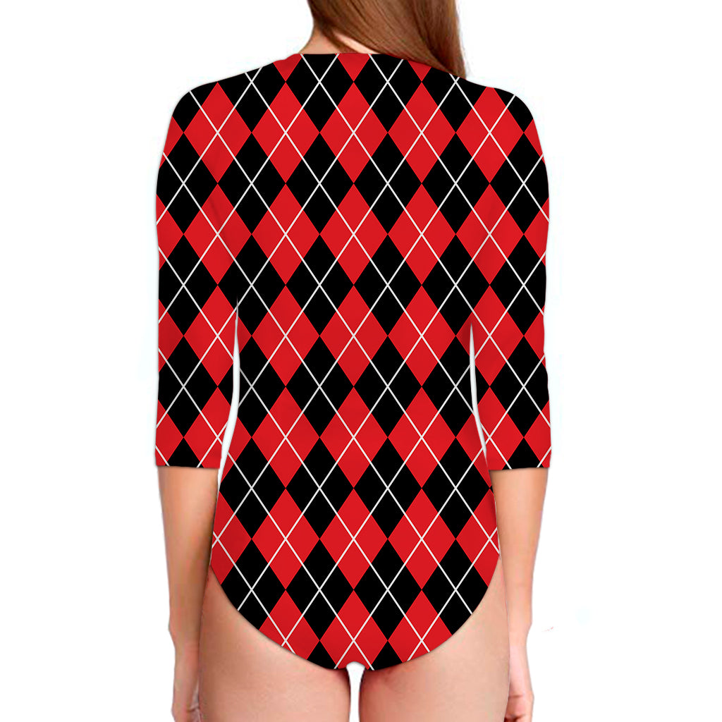 Black And Red Argyle Pattern Print Long Sleeve Swimsuit